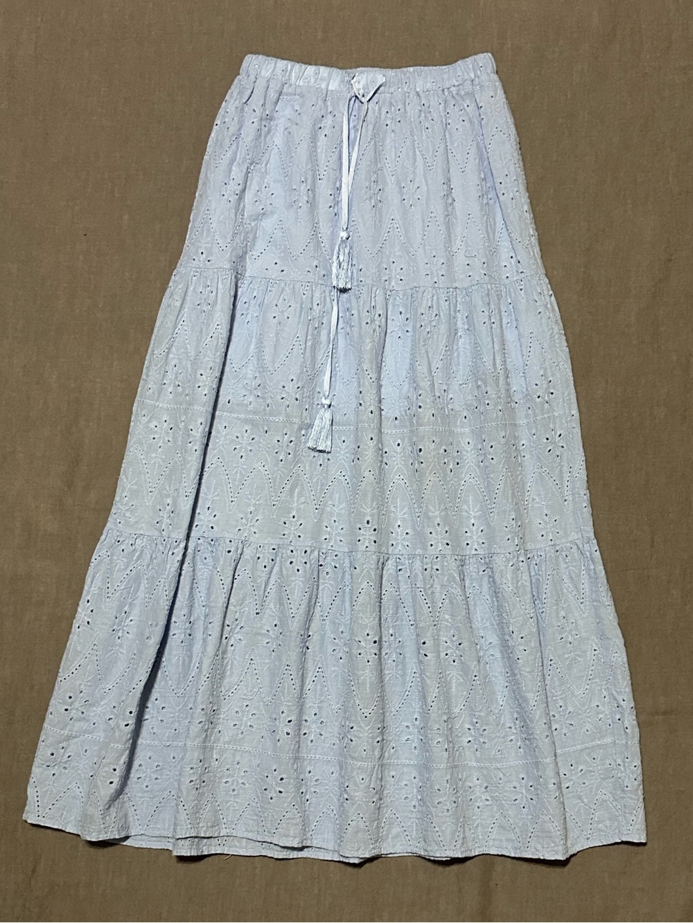 Le Lis Pale Blue Eyelet Tiered Maxi Skirt